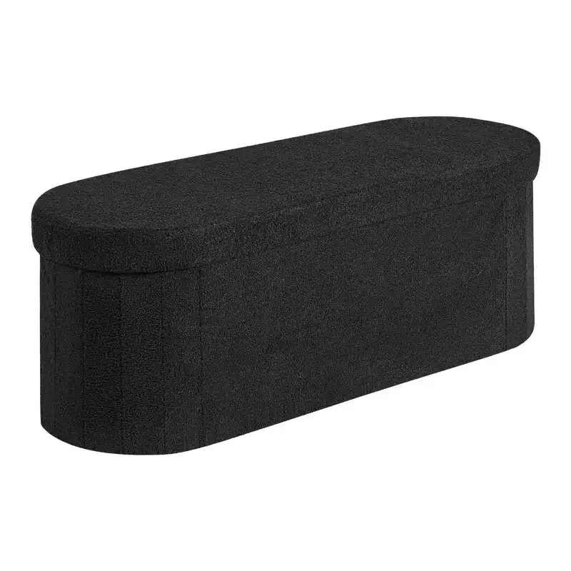 Oval Foldable Storage Ottoman Bench – Black Teddy Fleece, 660 lb, 3-Compartment, 43