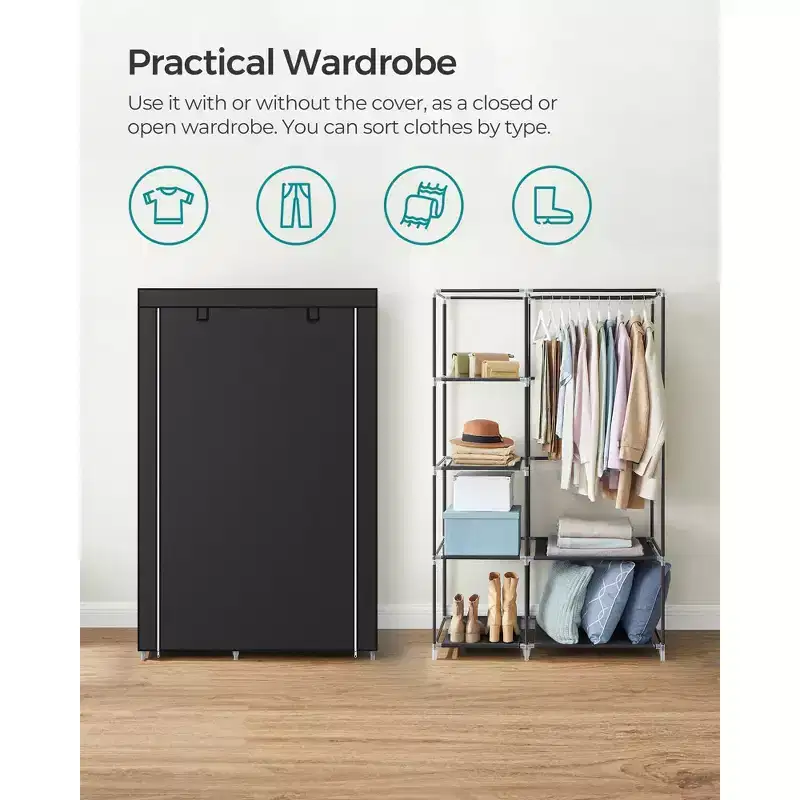 SONGMICS Portable Closet, 41.3 Inch Large Capacity Wardrobe Closet Organizer with Fabric Cover, Hanging Rods and Shelves Black