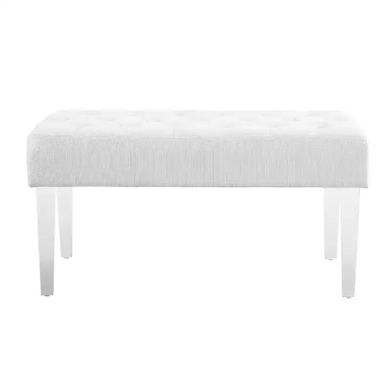 35" Ella Glam Tufted Linen Upholstered Acrylic Leg Bench Silver - Linon: Plush Ottoman, Bedroom Seating