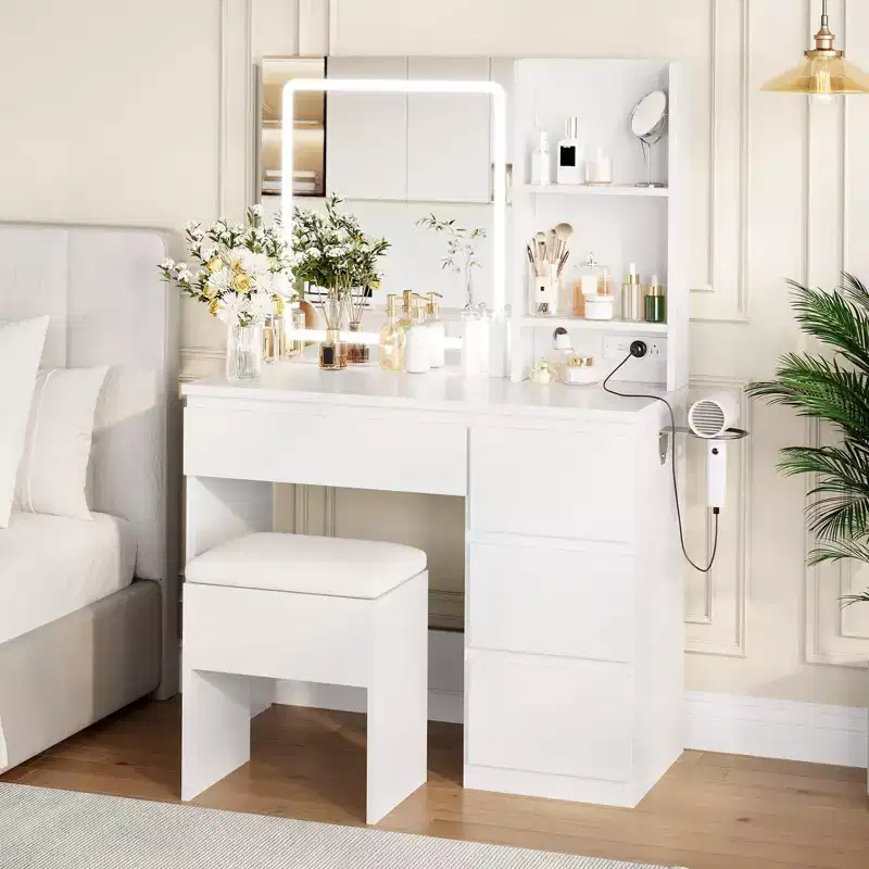 Vanity Desk with Mirror and Lights - Modern Makeup Dressing Table with Outlets, Storage Stool, LED Vanity Mirror, Vanities for Bedroom