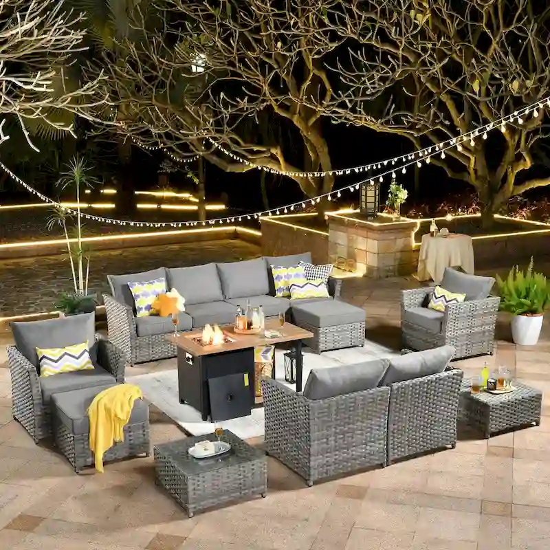 HOOOWOOO 13-piece Grey Wicker Rattan Patio Outdoor Sectional Set with Fire Pit