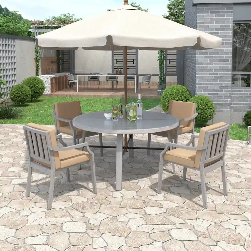 4-Person Outdoor Wooden Dinning Set with 1 Umbrella Hole & Removable Cushions