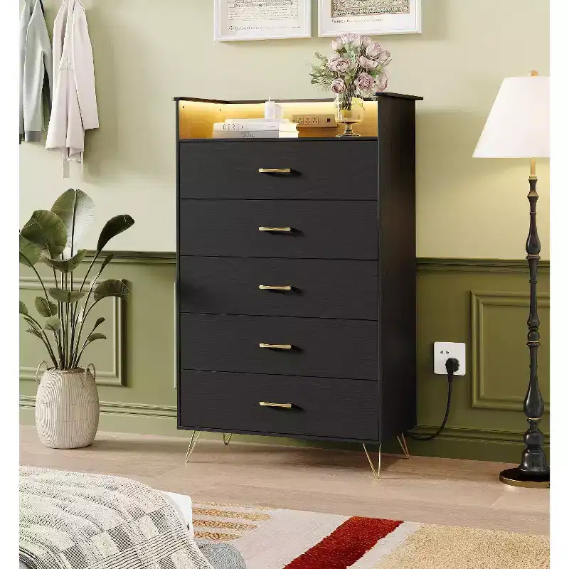 Modern 5-Drawer Tall Dresser for Bedroom, Wood Chest of Drawers with Silent Closing Slides, Water-Resistant White Storage Organizer for Hallway