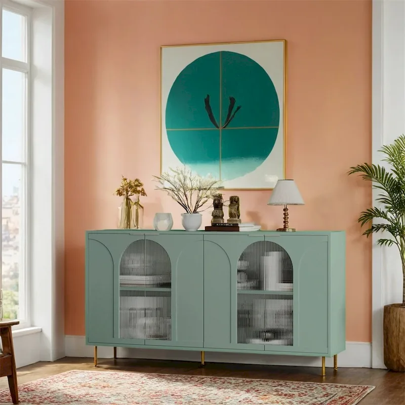 Mint Green Accent Cabinet with Fluted Glass Doors and Adjustable Shelves