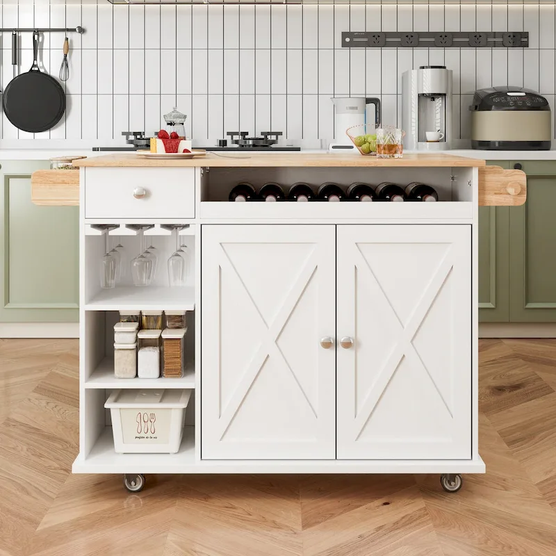 44 Inch Kitchen Island Cart with Solid Wood Top,Spice Rack,Wine Glass Holder,Rolling Table on Wheels,Tool-Free Installation