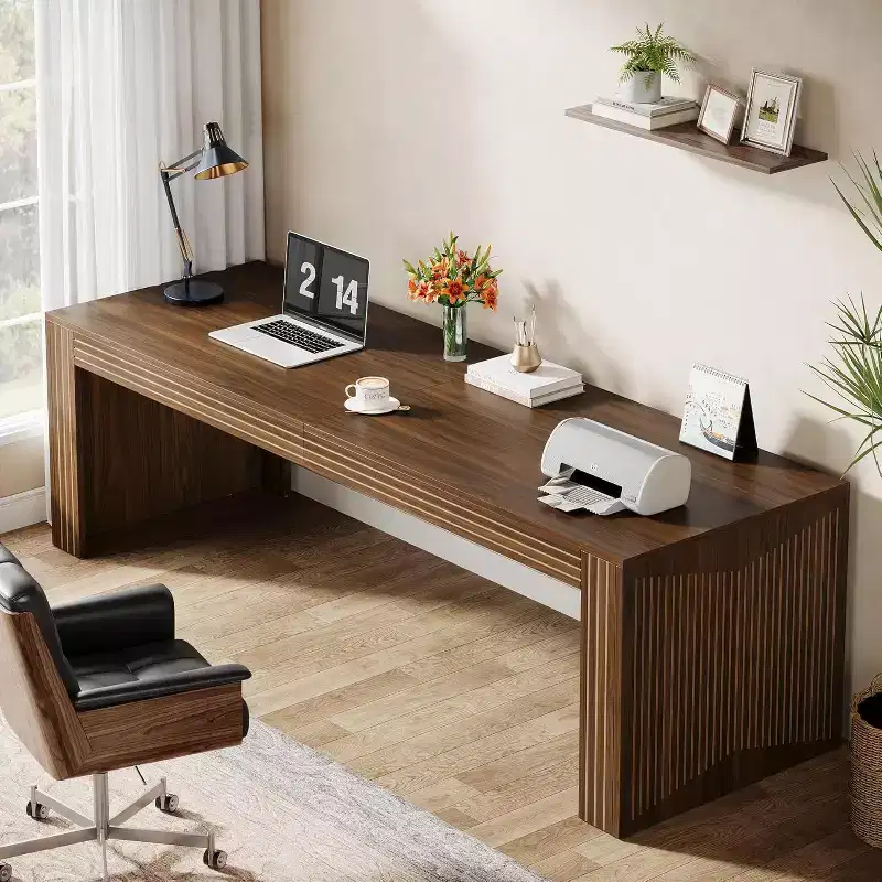 79-Inch Extra Long Double Desk for Home Office, Wooden Two-Person Computer Writing Table, Dark Brown
