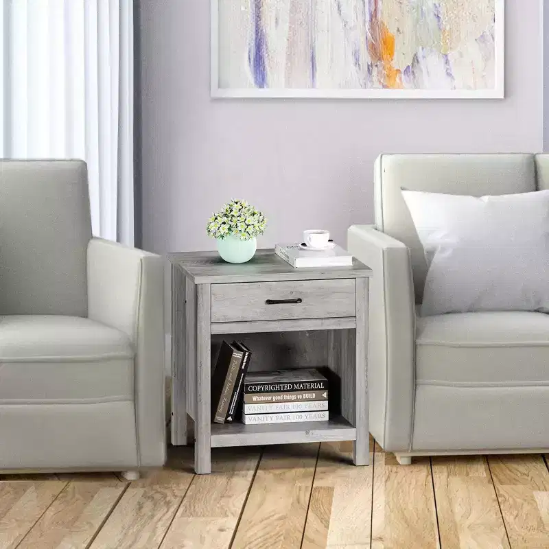 Acekool Farmhouse Grey Square Nightstand, Bedside Table with Drawer, End Table, Accent Table for Bedroom or Living Room