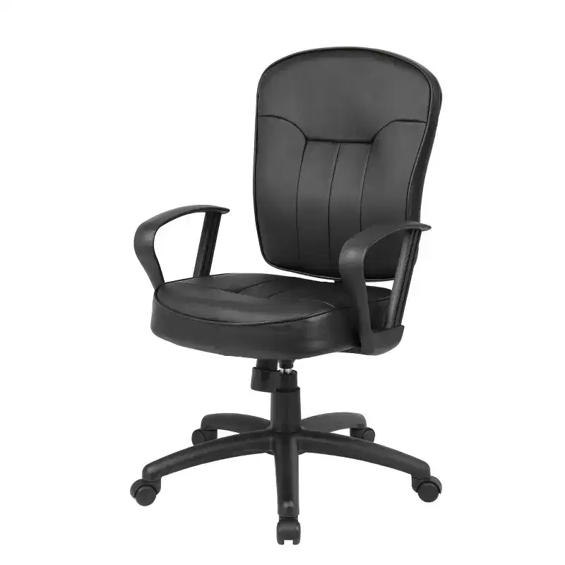 Leather Task Chair with Loop Arms Black - Boss Office Products: Swivel, Upholstered, Nylon Base, 275 lb Capacity