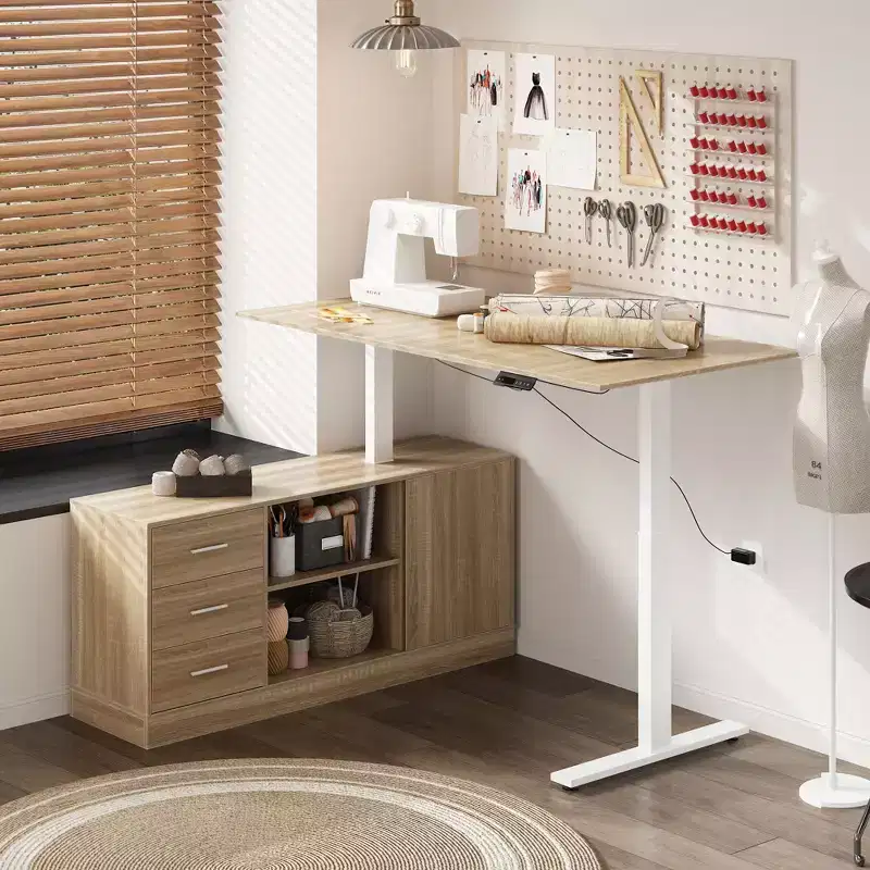 Oak-Effect Height-Adjustable L-Shaped Office Desk Sewing Desk 3 Drawers + Open Storage