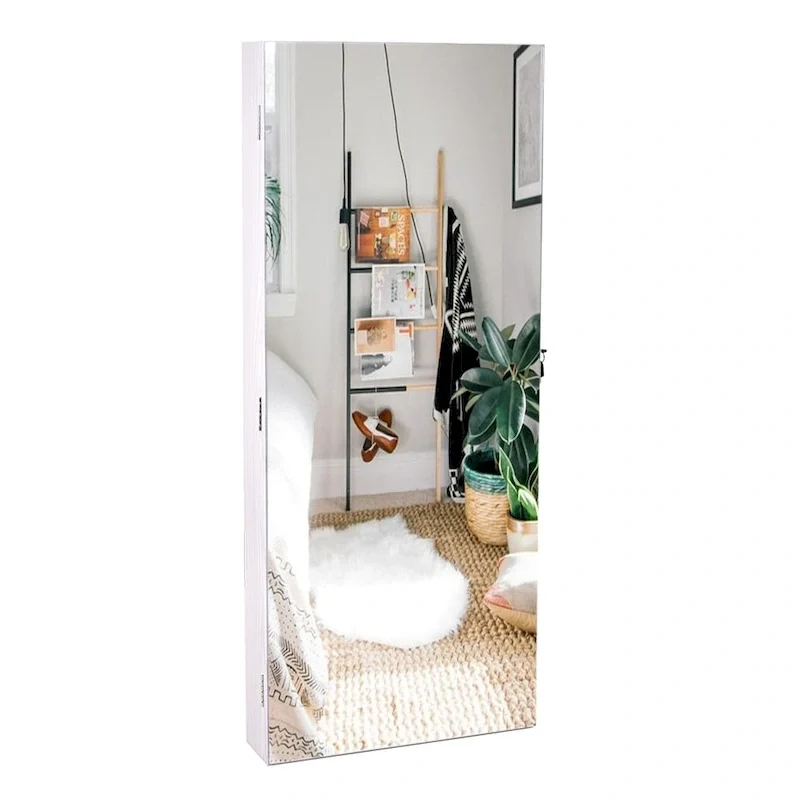 White Wall-Mounted Jewelry Cabinet with Full Mirror, Lock and Velvet Interior for 1 Person