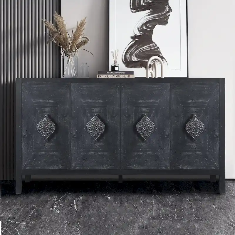 Carved Flower Door Handle, Antique Four Door Cabinet