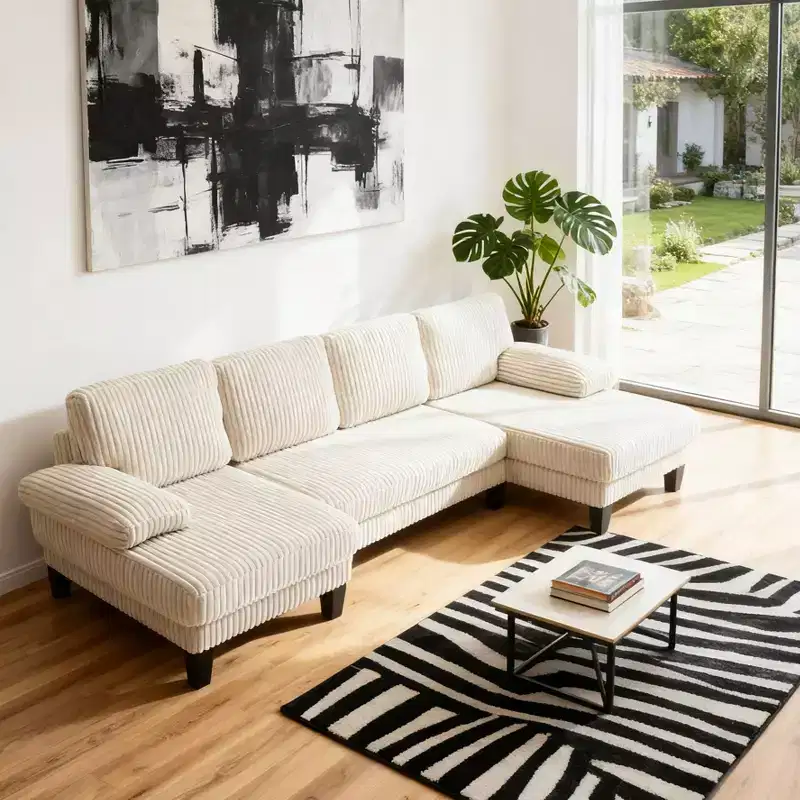 Homy Casa U-Shaped Corduroy Sectional Sofa with Double Chaise, 4-Seat Living Room Couch, Beige
