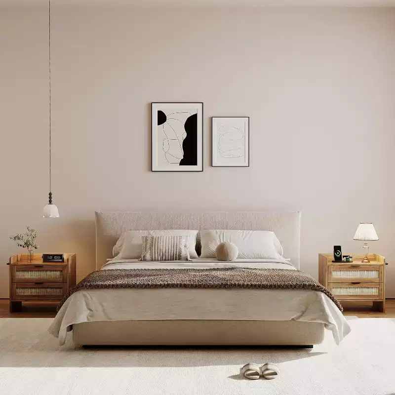 Rattan Nightstand with Charging Station, 2-Drawer Boho Bedside Table with Type-C Port and USB