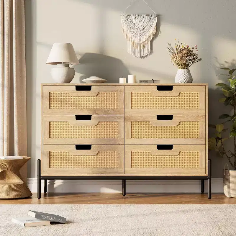 Natural Rattan 6 Drawer Dresser, Wooden Chest of Drawer, Farmhouse Storage Cabinet with Metal Legs, Modern Dresser for Bedroom, Living Room
