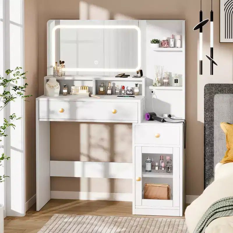 Modern White Makeup Vanity Desk with LED Lighted Mirror Charging Station 2 Outlets USB Type C 2 Drawers 3 Shelves Acrylic Cabinet Bedroom Vanity Set