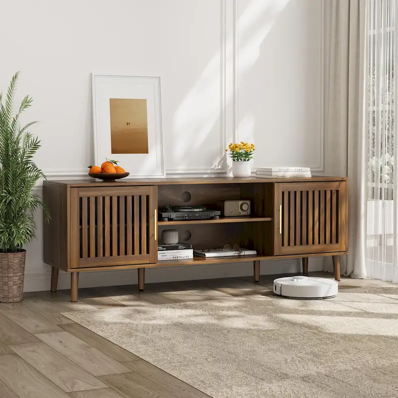 63 inch TV stand with 2 grille door cabinets and adjustable storage rack, Medieval modern TV cabinets with storage space
