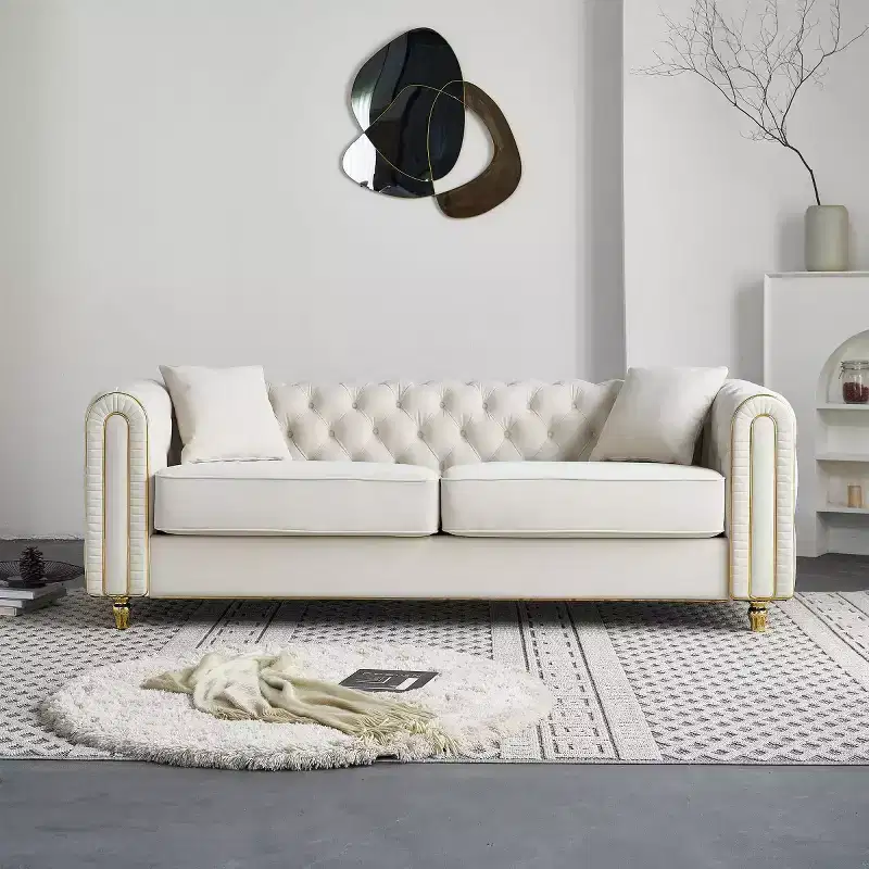 86 Inch Luxury Modern Tufted Chesterfield Sofa, 3-Seater Couch with Rolled Arms and Gold Trim for Living Room, Bedroom or Apartment