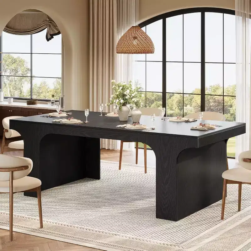 71-Inch Large Dining Table for 6-8, Farmhouse Wooden Kitchen Table with Arched Design and Double Pedestal for Dinner, Banquet