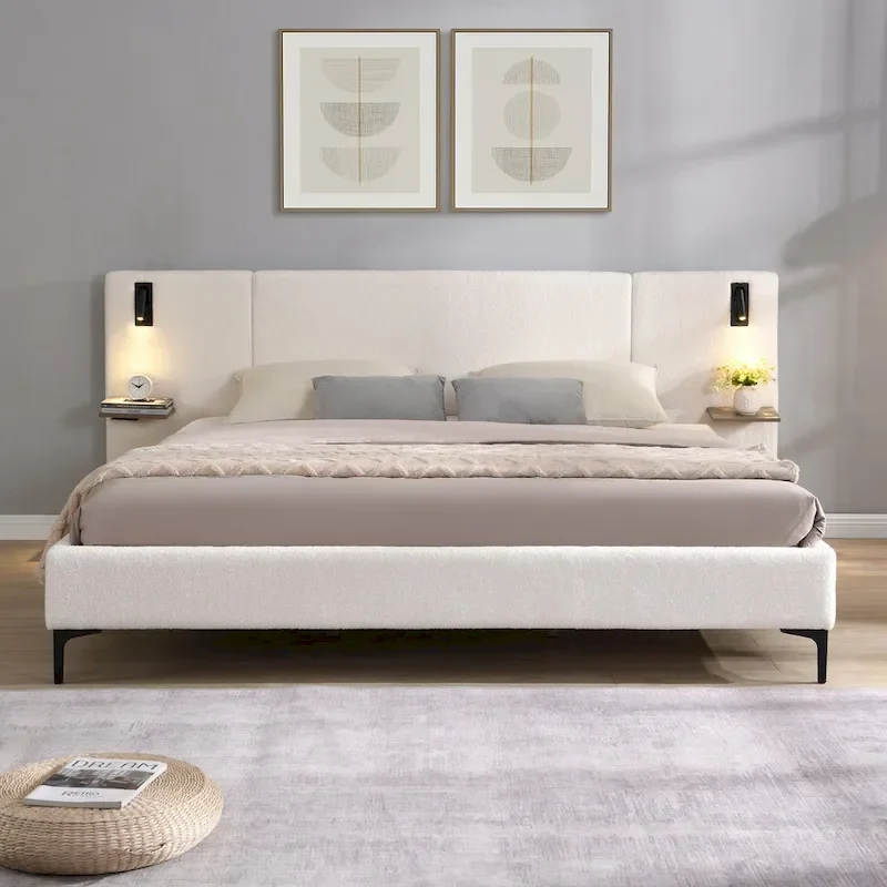 White Boucle Upholstered King Bed with Lights & Shelving, for 2
