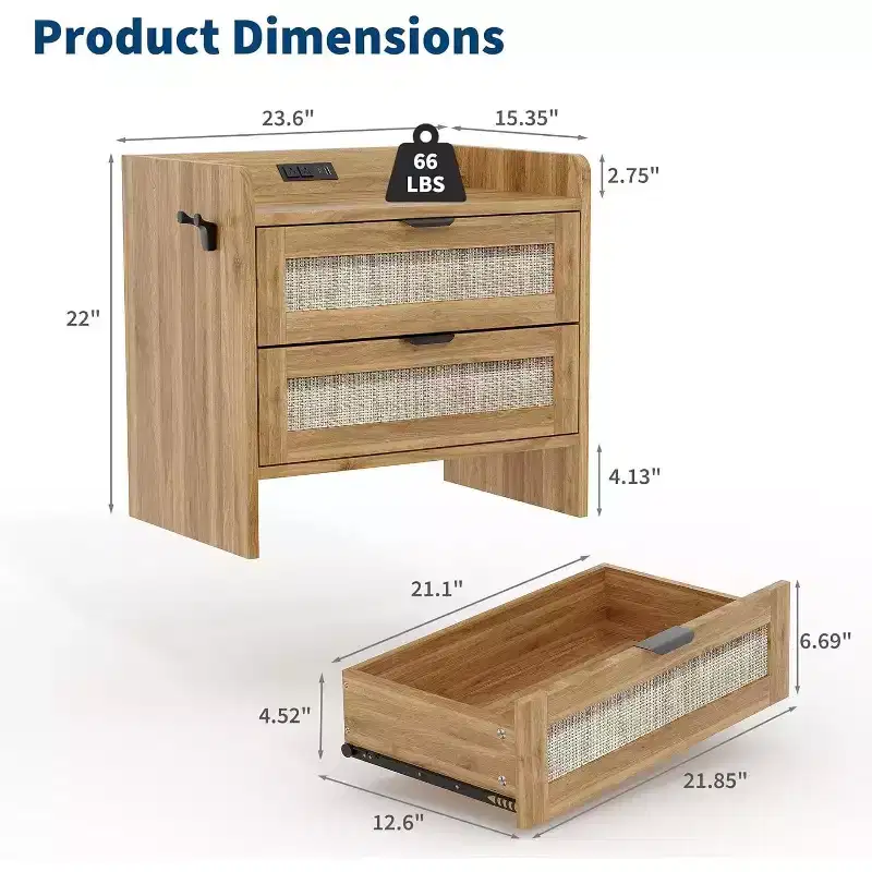 Nightstand Set of 2, Bedside Table,2 Rattan Drawer Storage Space, Night Stand with Type-C Charging Station, End Table, Side Tables