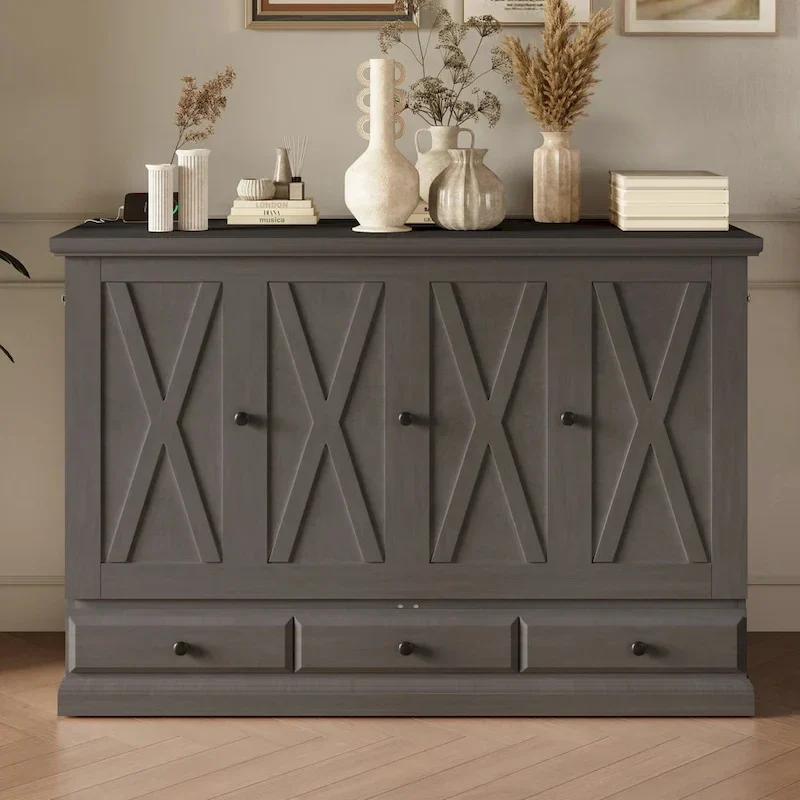 Solid Pine Wood Murphy Bed Chest Cube Cabinet Bed with Charging Station and Large Storage Drawer