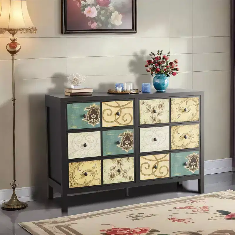 TROPOW 6 Drawers Dresser for Bedroom, Wood Rustic Chest of Drawers with Metal Handle, Retro Floral Pattern Drawer, Farmhouse Dresser