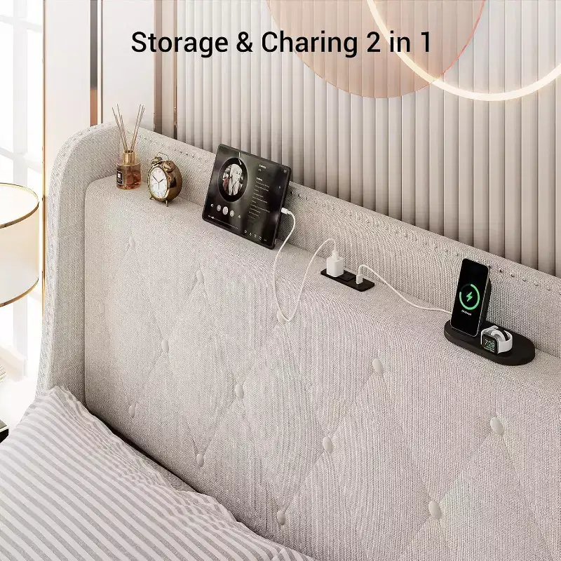 Garvee Upholstered Bed Frame with Charging Station & Wingback/4 Storage Drawers,No Box Spring Needed,Mattress Foundation,Easy Assembly,Beige