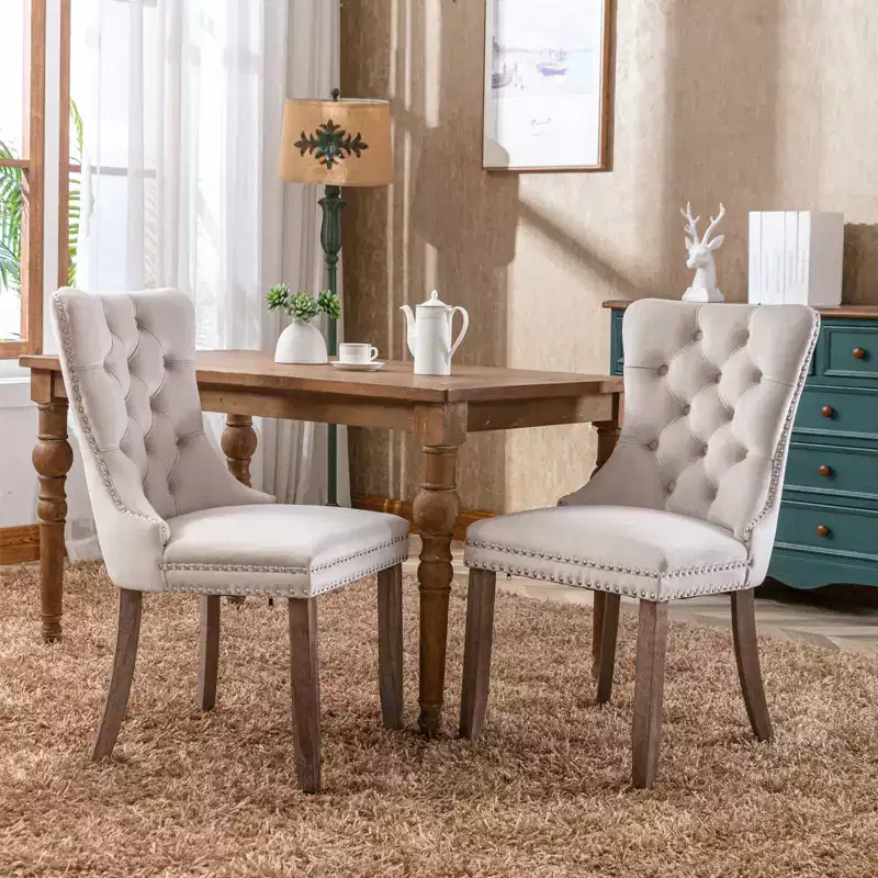 Okak Farmhouse Upholstered Dining Chairs Set of 2, Solid Wood Leg Nailhead Trim, Comfy Velvet Tufted Accent Side Chairs for Dining Table