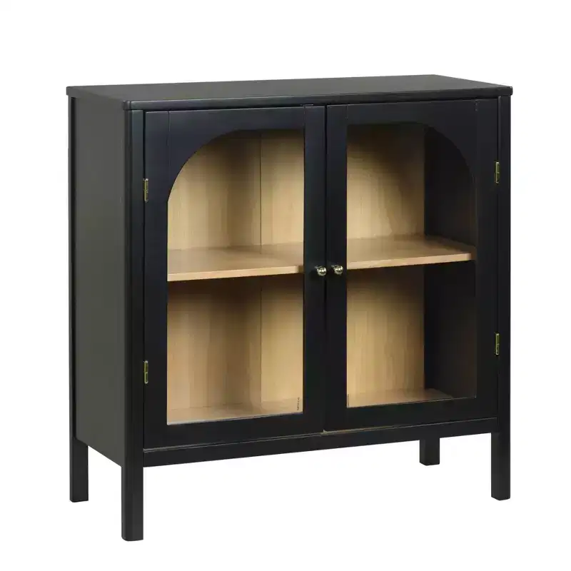 Wood and Glass Door Storage Cabinet – 2 Doors, Fixed Interior Shelf