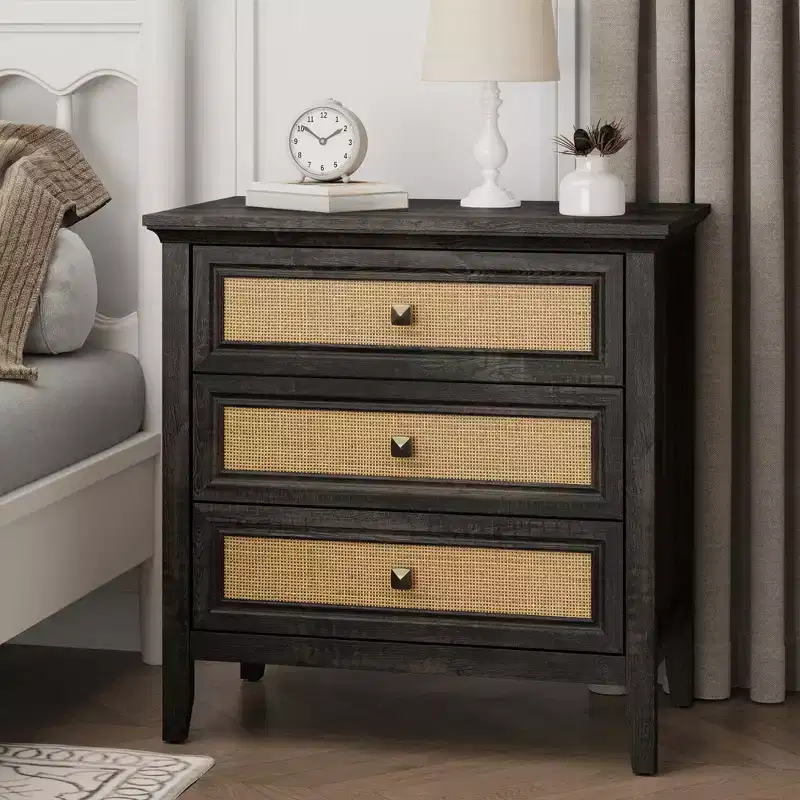 3 Drawer Rattan Dresser, Farmhouse Wood Chest of Drawers, Dark Oak