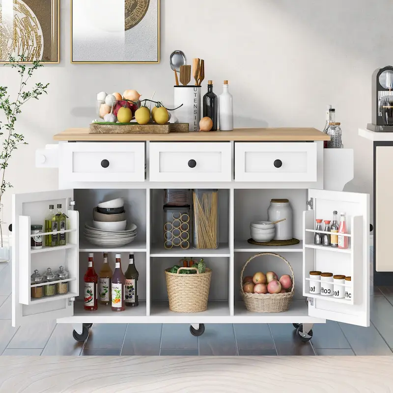 Oaks Aura 5-wheel White Kitchen Cart, Rubberwood Drop-Leaf Countertop, Internal storage racks, 3-drawer Storage Cabinet