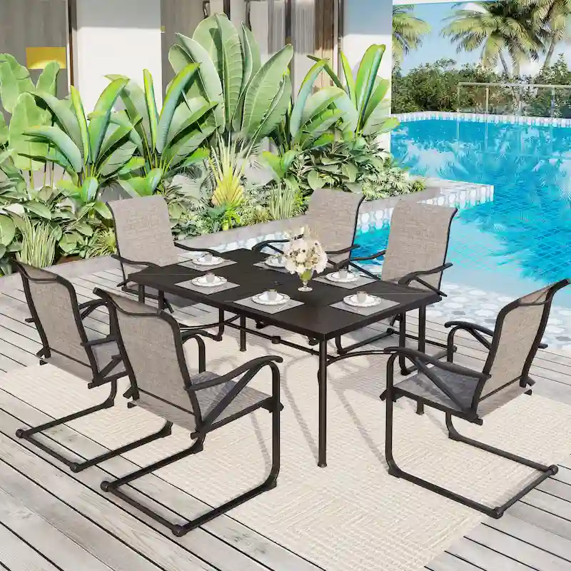 7-Piece Patio Dining Sets , 6 Textilene Fabirc Chairs and 1 Metal Table with 2.1 Umbrella Hole