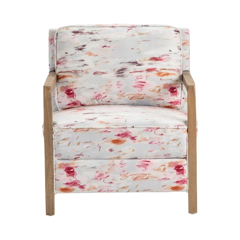 Soft Pink Multi-Color Floral Patterned Accent Chair with Wood Frame for 1 Person