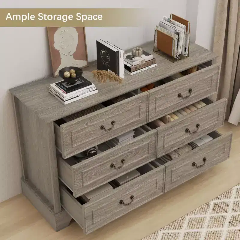 47'' Farmhouse 6 Drawers Dresser for Bedroom, Wide Rustic chests of Drawers with Natural Texture, Gray