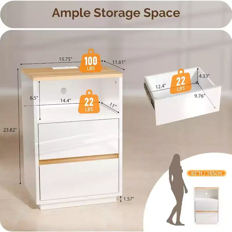 VINGLI White Nightstand with Charging Station, High Gloss Led Night Stand with Drawers, End Table