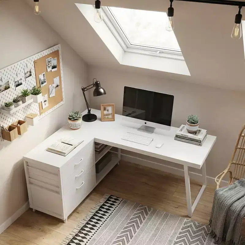 Reversible L-Shaped Desk with 3 Drawers & Open Shelves, Rustic Home Office Computer Desk