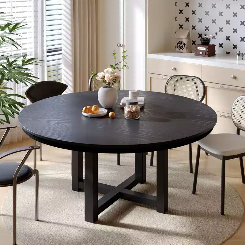 59 Solid Wood Farmhouse Round Dining Table, Wood Texture Top with Cross X Base, Black