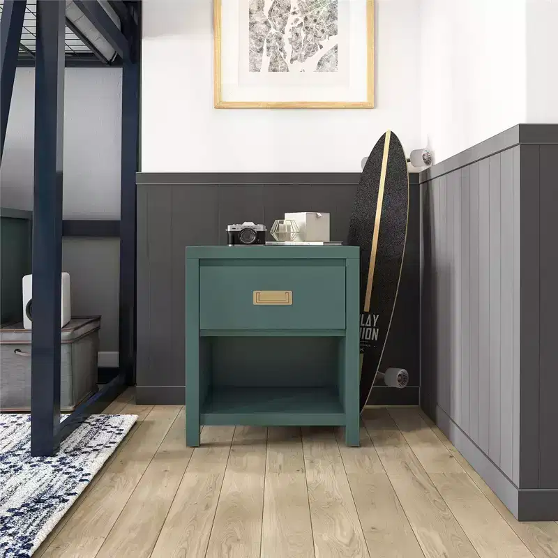 Green MDF Nightstand with Drawer & Open Cubby, 1-Person Use