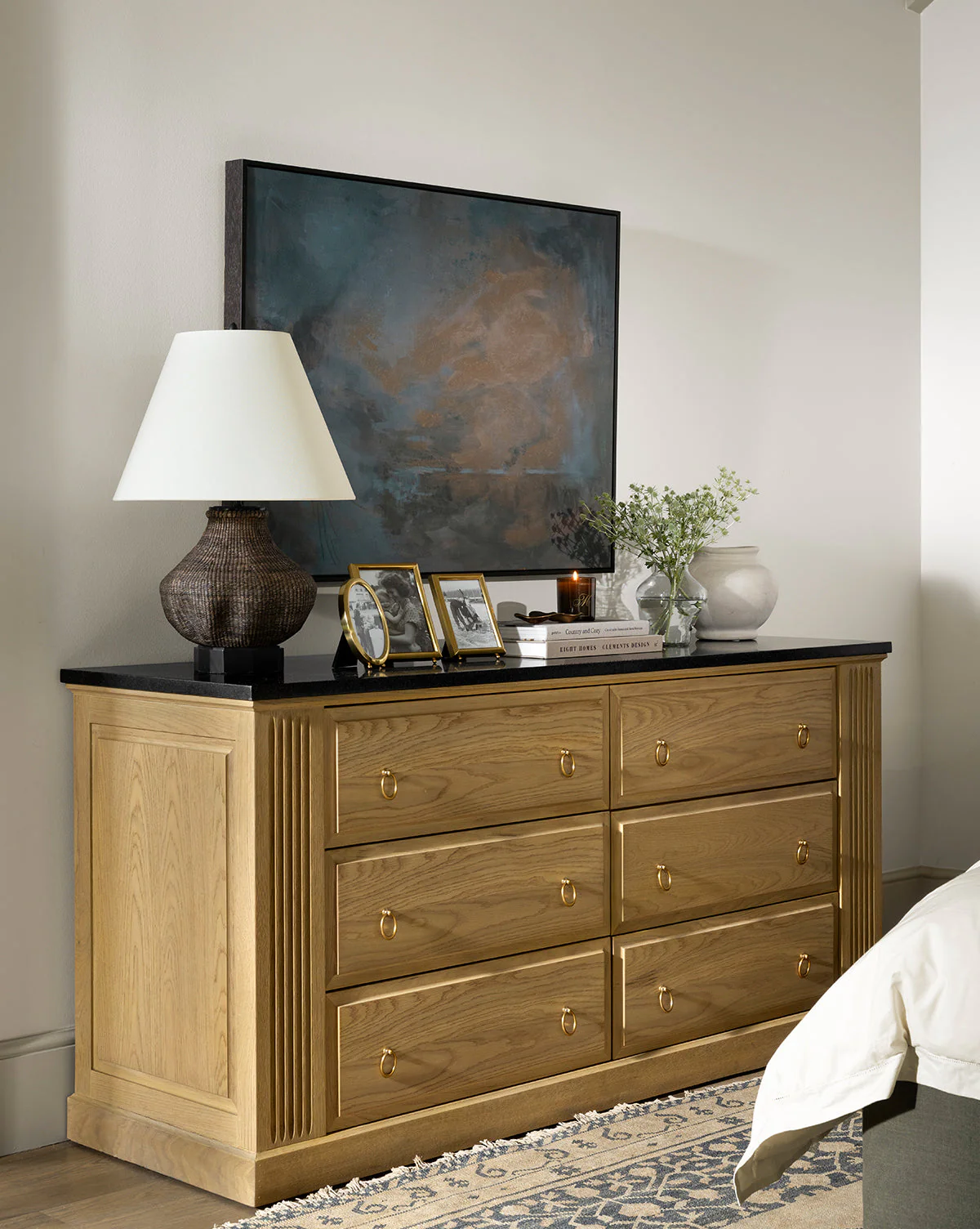 Oak Dresser with Granite Top & Fluted Detail for Bedroom