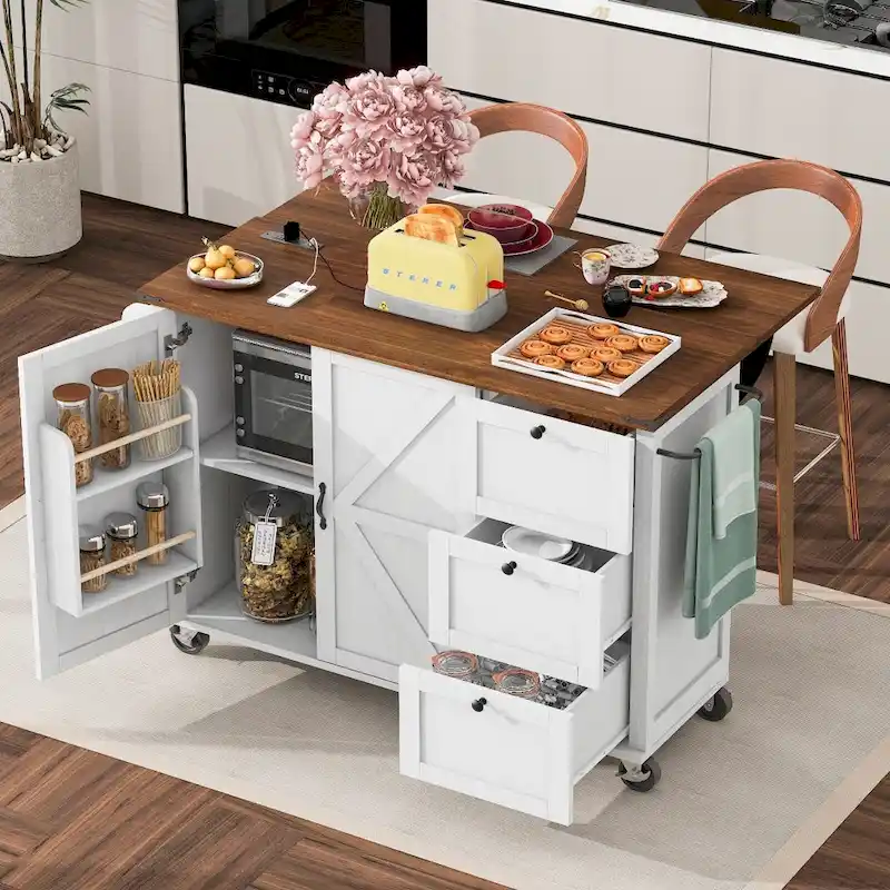 54.5 Kitchen Island with Power Outlet and Drop Leaf for Kitchen