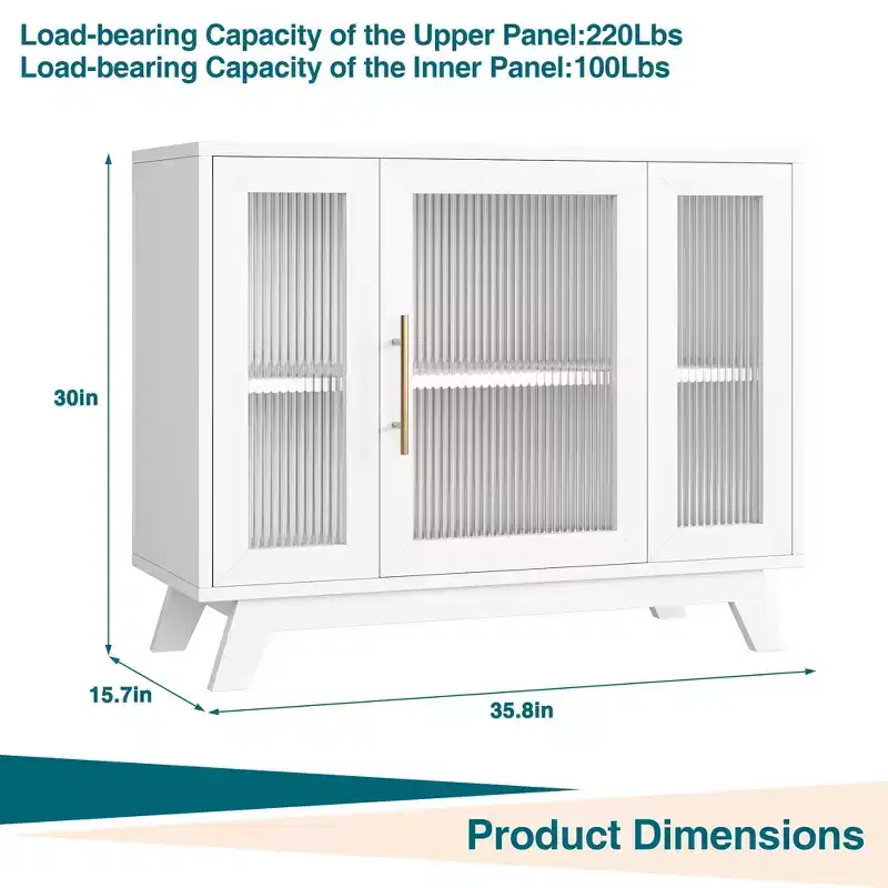 GustoWave Sideboard Buffet Cabinet with Fluted Glass Door, 36 Modern Accent Storage Cabinet with 2-Tier Storage
