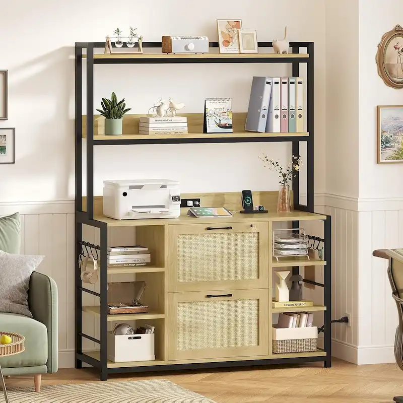 Natural / Black / Brown 6-Layer Vertical File Cabinet with Lock & Charging Station, 1–2 Person