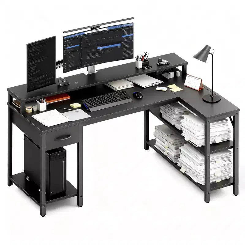 L-Shaped Gaming Desk with RGB LED Lights, USB Charging Station, Power Outlet, Monitor Stand & Storage Shelves