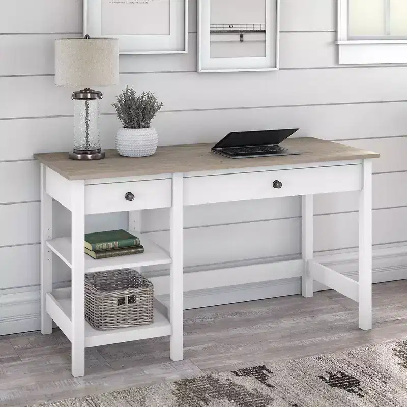 54W Farmhouse Computer Desk with Shelves, Shiplap Gray/Pure White