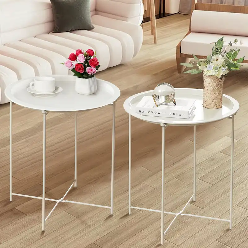 VECELO Side/End Table, Folding Round Metal Anti-Rust and Waterproof Outdoor for Living Room Bedroom,Nightstands