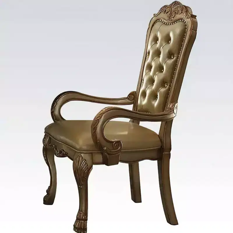 Set of 2 PU Upholstered Dining Armchairs – Bone White & Gold Patina, Button Tufted, Nailhead Trim