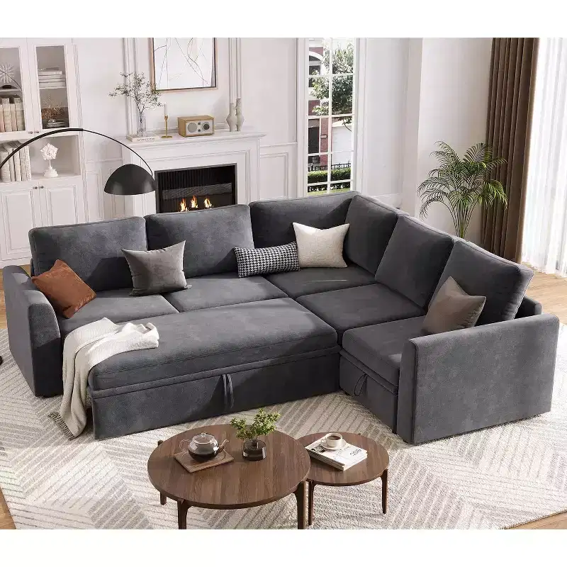 Sectional Sleeper Sofa with Pull Out Bed, Chenille Modular Sectional Couch with Pull Out Couch and Storage Seat & 2 Ottomans, Convertible Couches