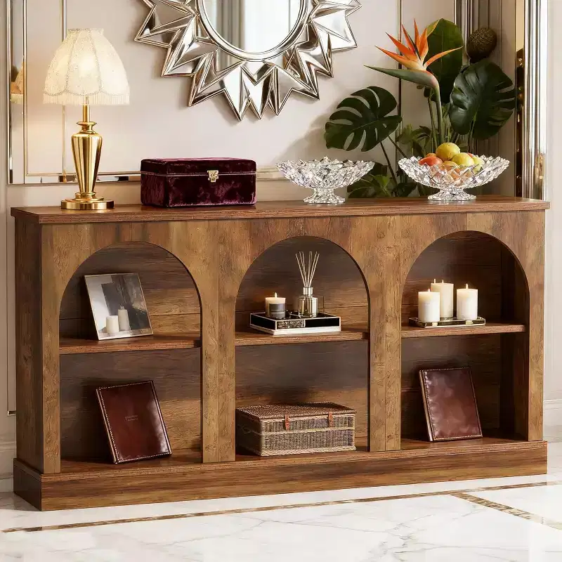Lantine 63-Inch Narrow Entryway Table with 3-Tier Storage Shelf, Modern Farmhouse Sofa Console Table for Hallway, Living Room, Rustic Brown