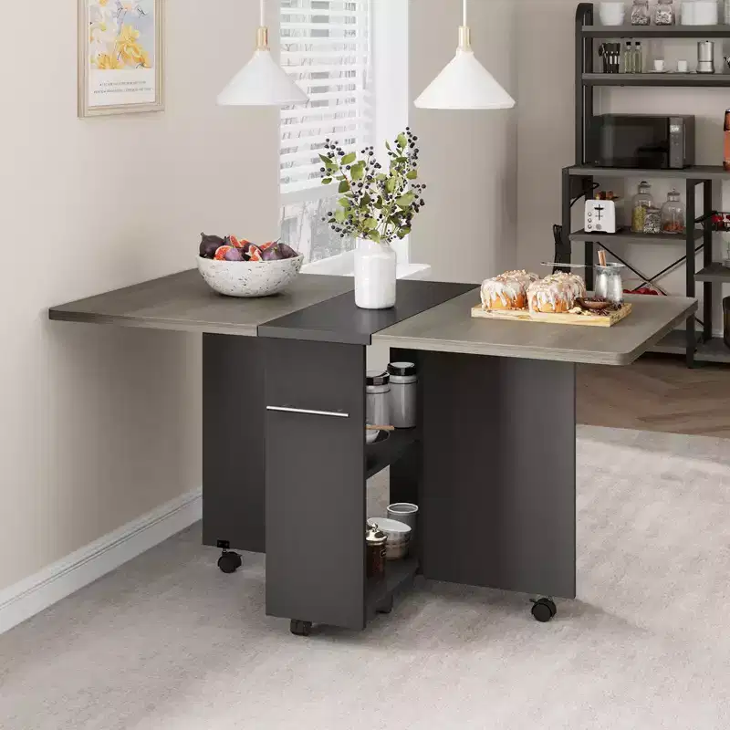 Folding Dining Table with 2 Storage Racks, Drop Leaf, 6 Wheels, Multifunction Expandable Table for Kitchen, Bedroom, Living Room