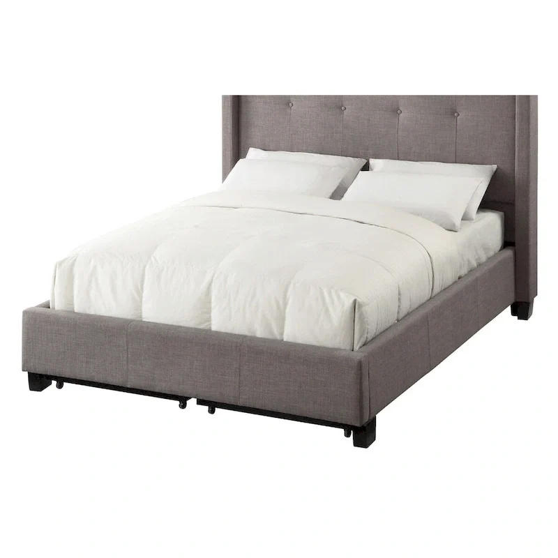 Queen Platform Bed – Grey, Tufted Linen, Low Profile, 2 Footboard Storage Drawers, Sleeps 1